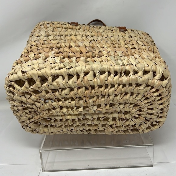 Straw Banana Leaf Woven Market Basket Bag Double Leather Handles - Picture 4 of 7